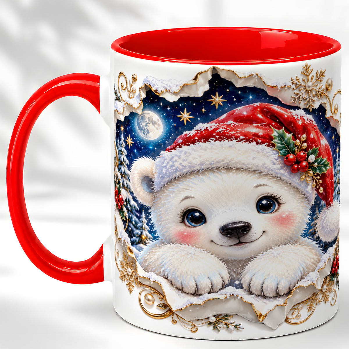 Christmas Polar Bear Coffee Mug, Santa Bear Mug, Ceramic Cup