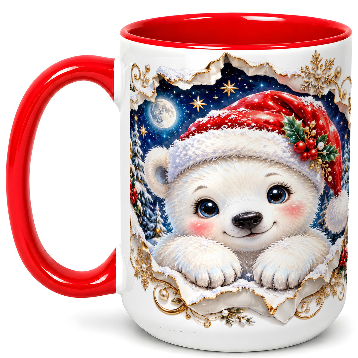 #pl[15oz|Red] Christmas Polar Bear Coffee Mug, Santa Bear Mug, Ceramic Cup
