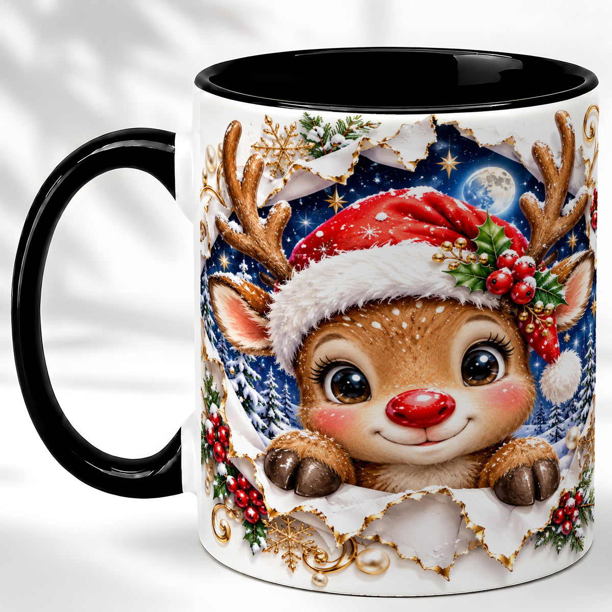 #pl[11oz|Black] Christmas Reindeer Coffee Mug, Baby Deer Mug, Ceramic Cup