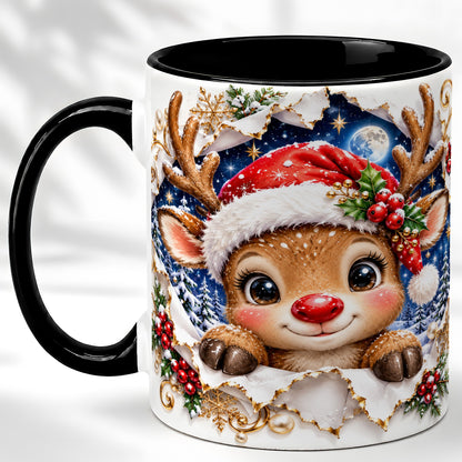 #pl[11oz|Black] Christmas Reindeer Coffee Mug, Baby Deer Mug, Ceramic Cup
