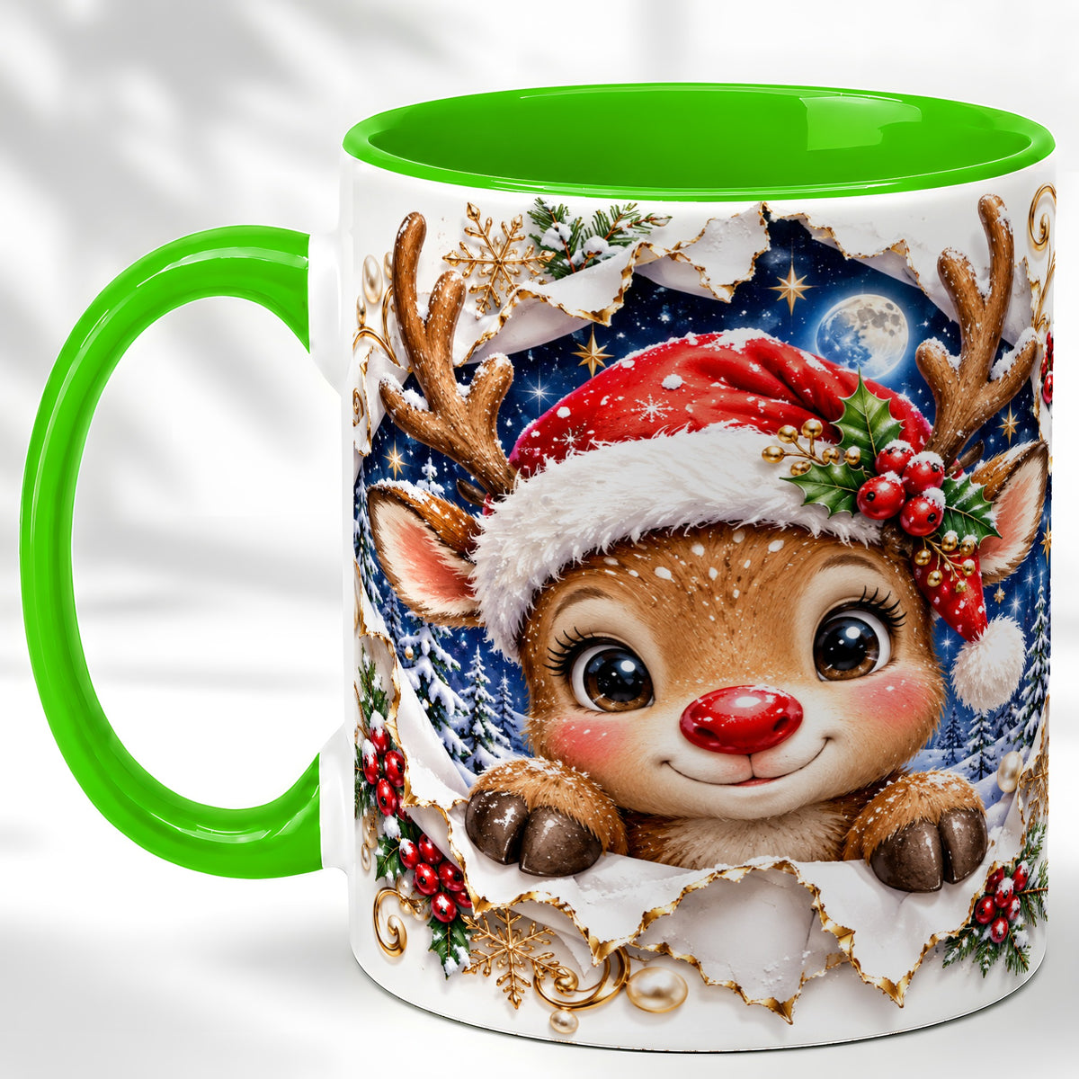 #pl[11oz|Green] Christmas Reindeer Coffee Mug, Baby Deer Mug, Ceramic Cup