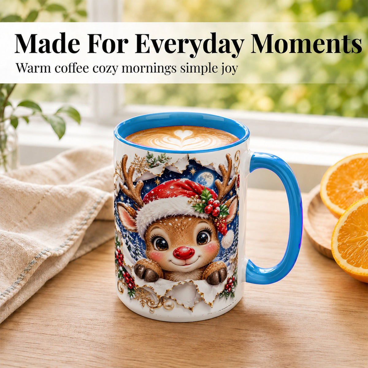 #pl[15oz|Blue] Christmas Reindeer Coffee Mug, Baby Deer Mug, Ceramic Cup