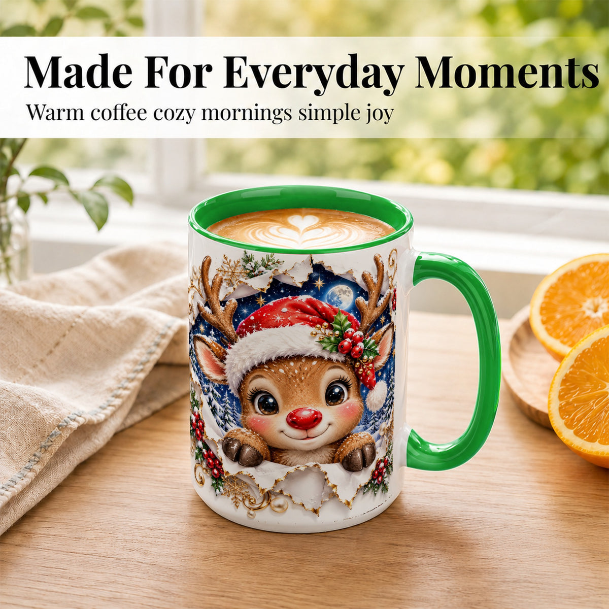 #pl[15oz|Green] Christmas Reindeer Coffee Mug, Baby Deer Mug, Ceramic Cup