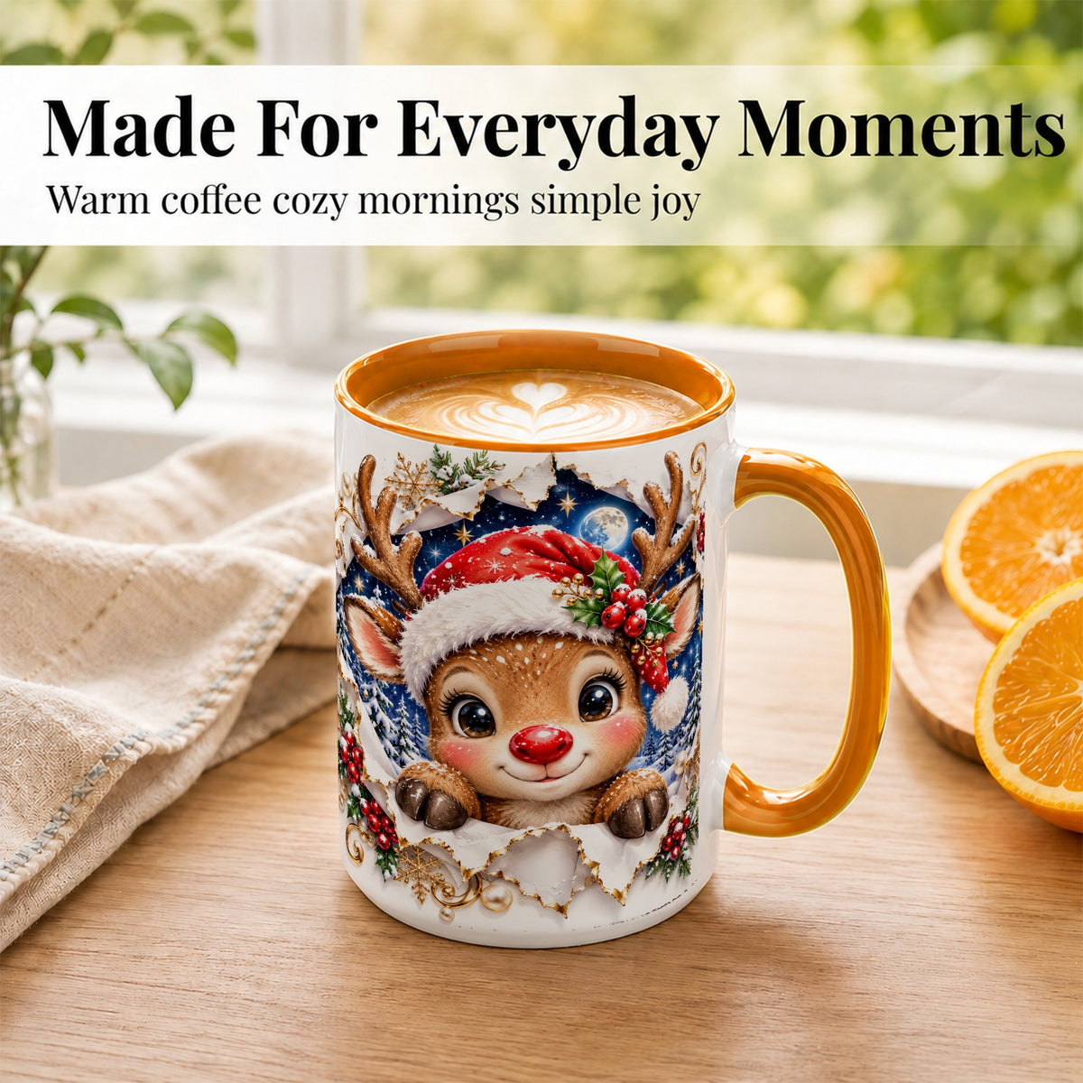 #pl[15oz|Orange] Christmas Reindeer Coffee Mug, Baby Deer Mug, Ceramic Cup