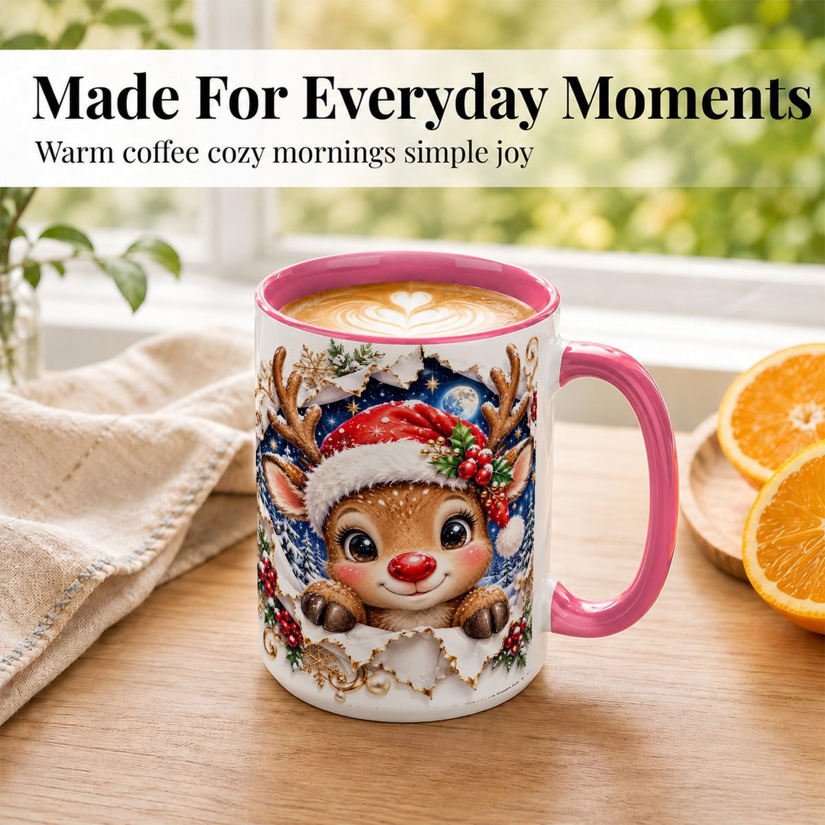 #pl[15oz|Pink] Christmas Reindeer Coffee Mug, Baby Deer Mug, Ceramic Cup