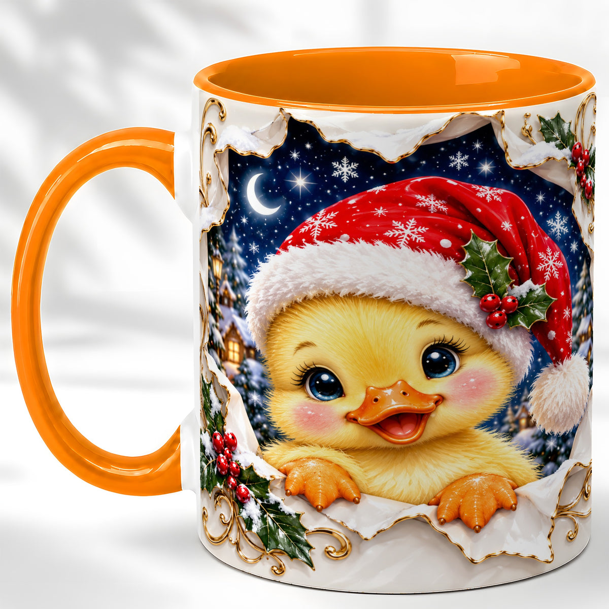 #pl[11oz|Orange] Christmas Duckling Coffee Mug, Santa Duck Mug, Ceramic Cup
