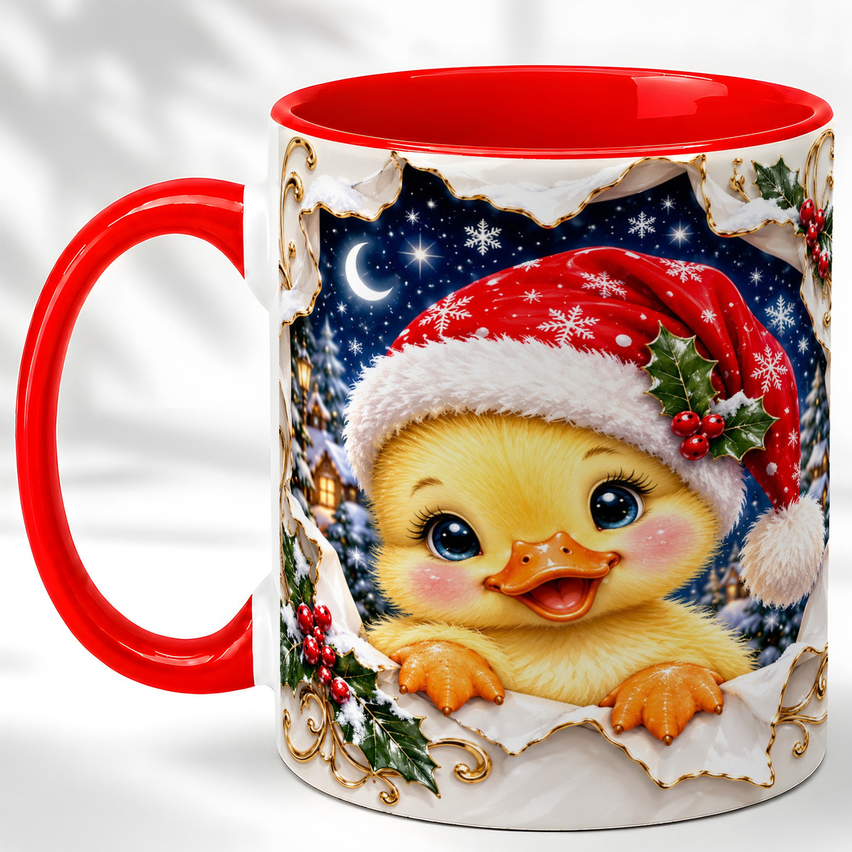 Christmas Duckling Coffee Mug, Santa Duck Mug, Ceramic Cup