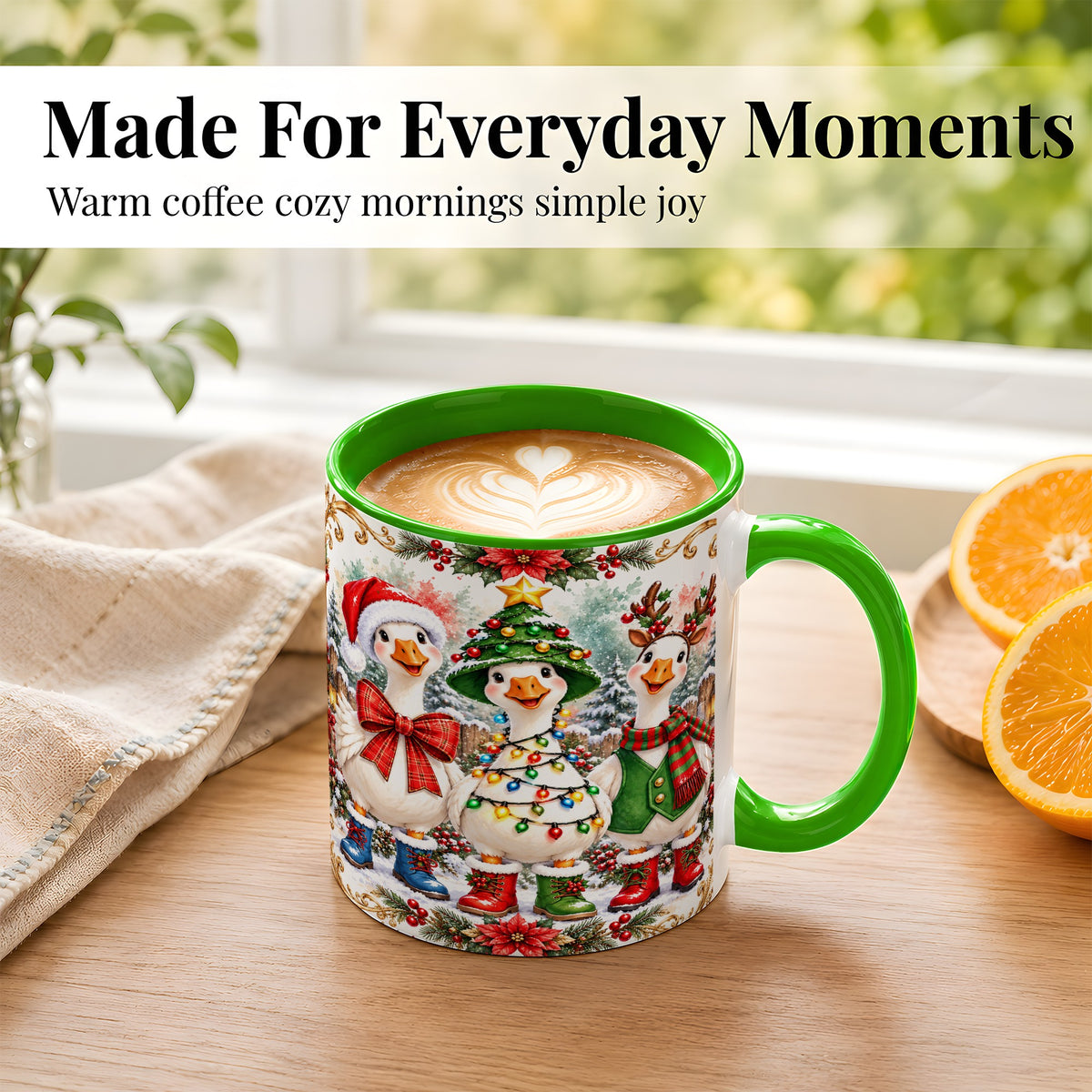 #pl[11oz|Green] Christmas Geese Coffee Mug, Holiday Goose Mug, Ceramic Cup