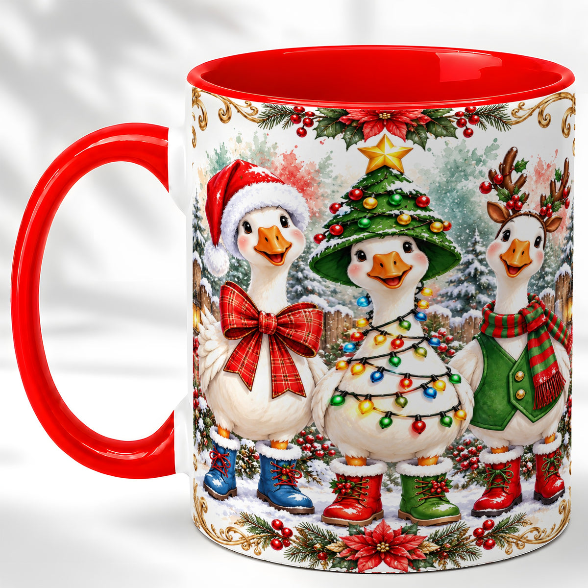 Christmas Geese Coffee Mug, Holiday Goose Mug, Ceramic Cup