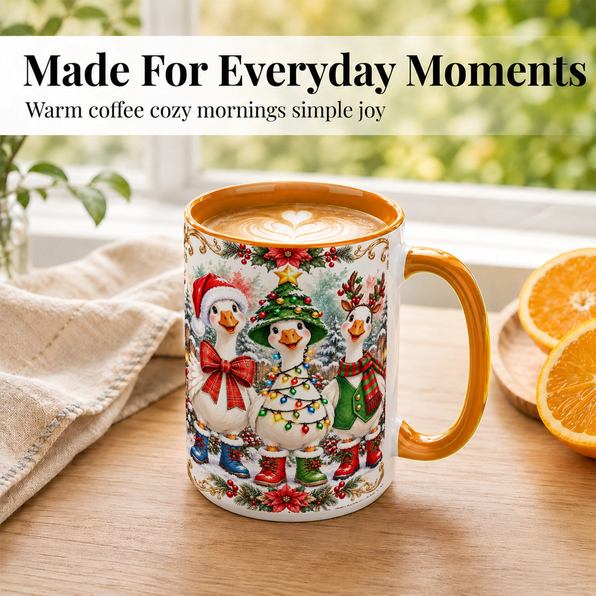 #pl[15oz|Orange] Christmas Geese Coffee Mug, Holiday Goose Mug, Ceramic Cup