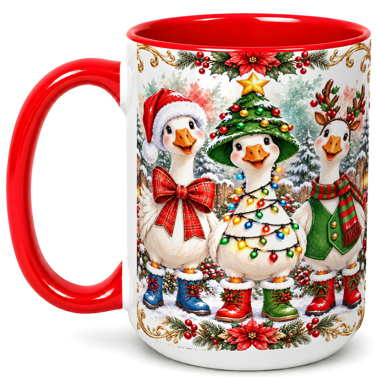 #pl[15oz|Red] Christmas Geese Coffee Mug, Holiday Goose Mug, Ceramic Cup