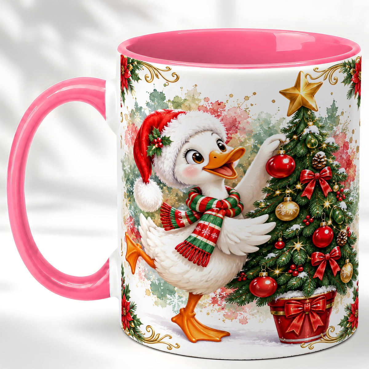 #pl[11oz|Pink] Christmas Goose Coffee Mug, Tree Decorating Mug, Ceramic Cup