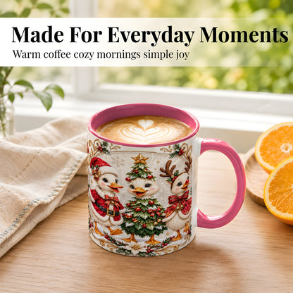 #pl[11oz|Pink] Christmas Goose Trio Coffee Mug, Holiday Geese Mug, Ceramic Cup