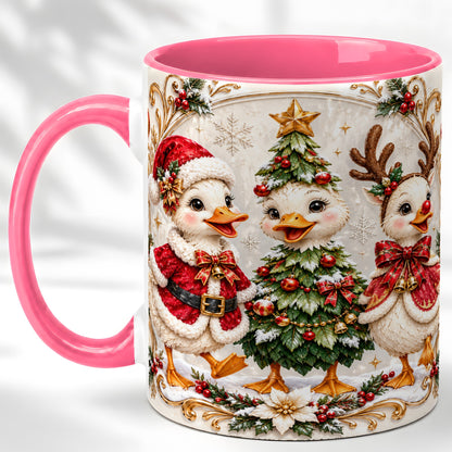 #pl[11oz|Pink] Christmas Goose Trio Coffee Mug, Holiday Geese Mug, Ceramic Cup