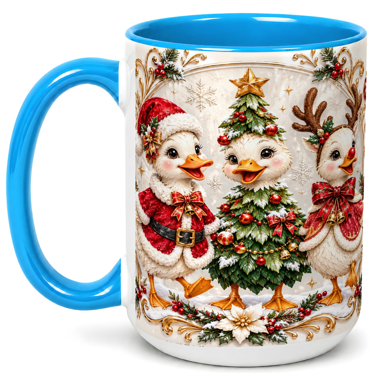#pl[15oz|Blue] Christmas Goose Trio Coffee Mug, Holiday Geese Mug, Ceramic Cup