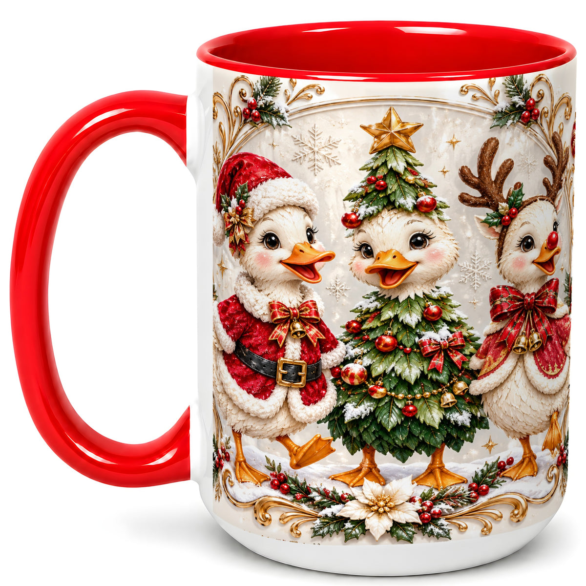 #pl[15oz|Red] Christmas Goose Trio Coffee Mug, Holiday Geese Mug, Ceramic Cup