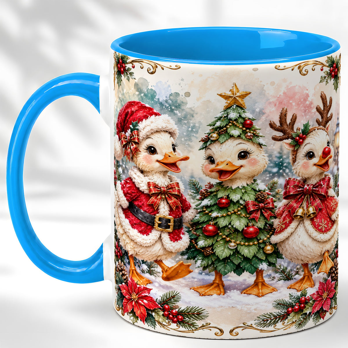 #pl[11oz|Blue] Christmas Goose Trio Coffee Mug, Santa Reindeer Mug, Ceramic Cup
