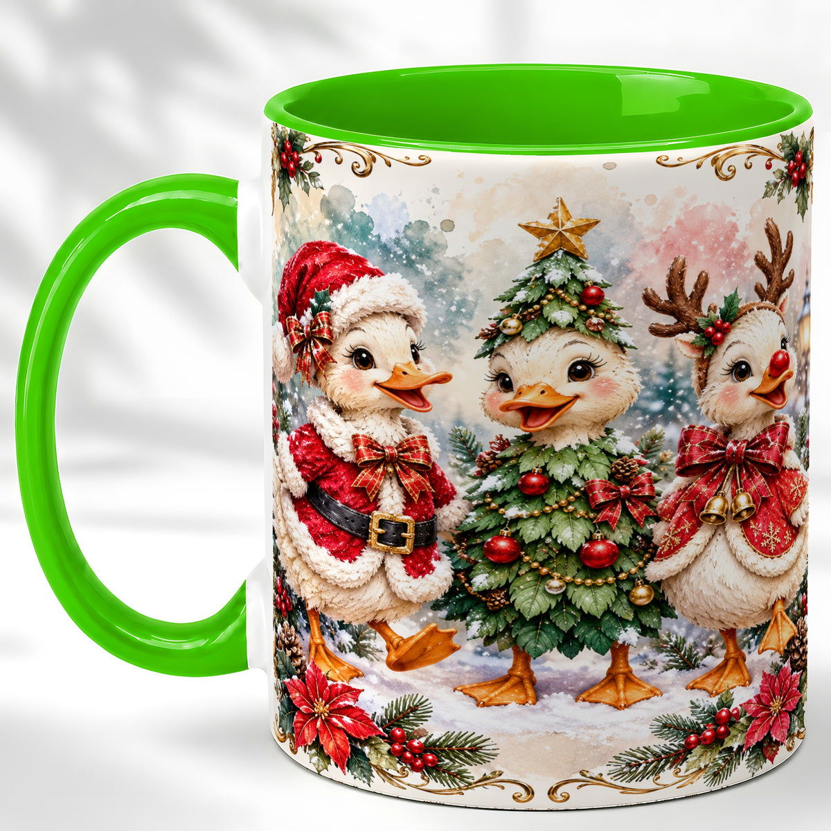 #pl[11oz|Green] Christmas Goose Trio Coffee Mug, Santa Reindeer Mug, Ceramic Cup