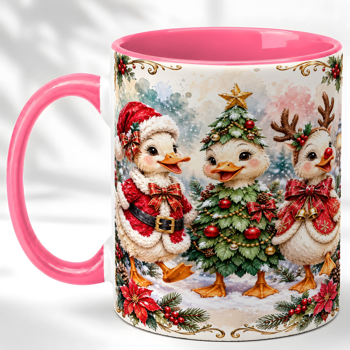 #pl[11oz|Pink] Christmas Goose Trio Coffee Mug, Santa Reindeer Mug, Ceramic Cup