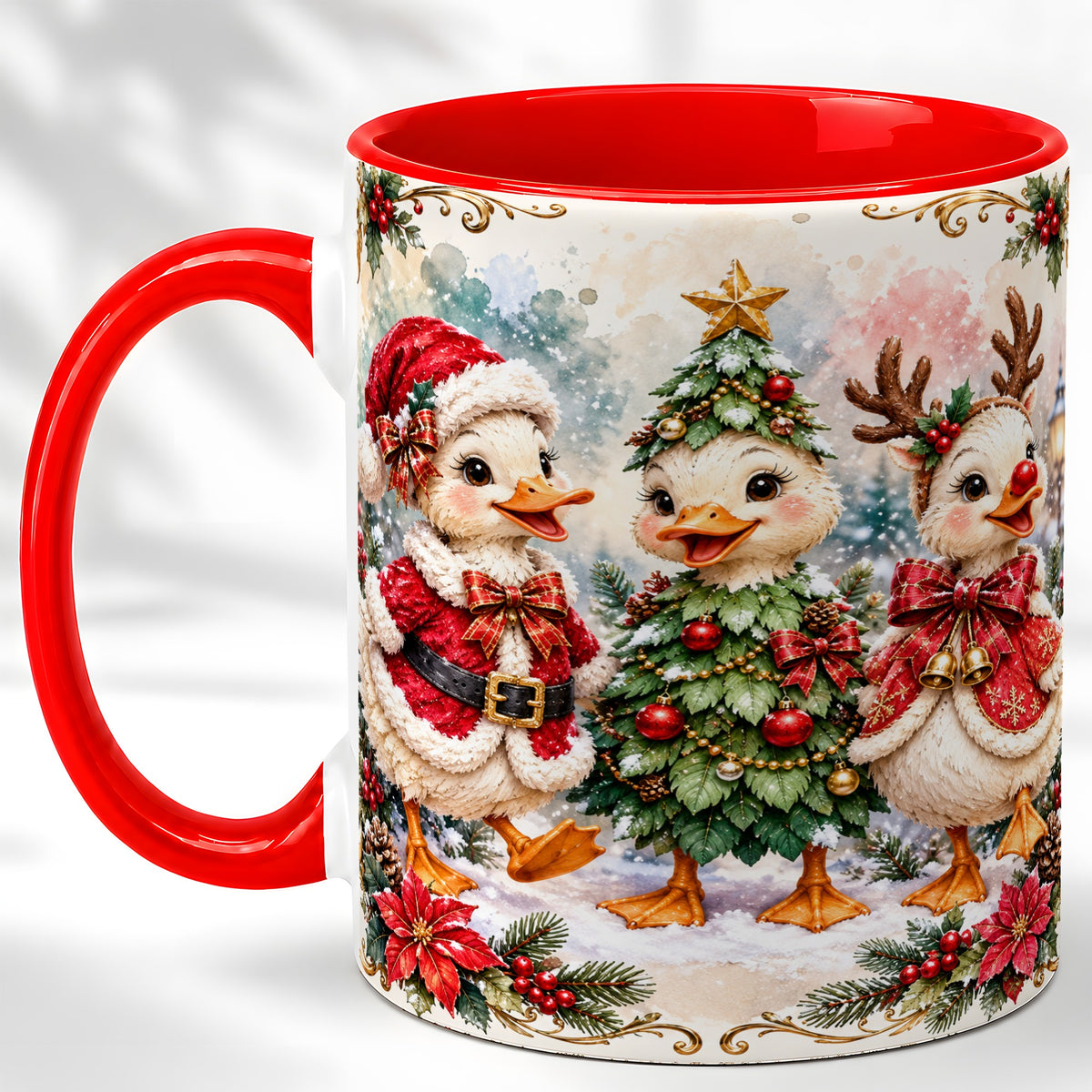 Christmas Goose Trio Coffee Mug, Santa Reindeer Mug, Ceramic Cup