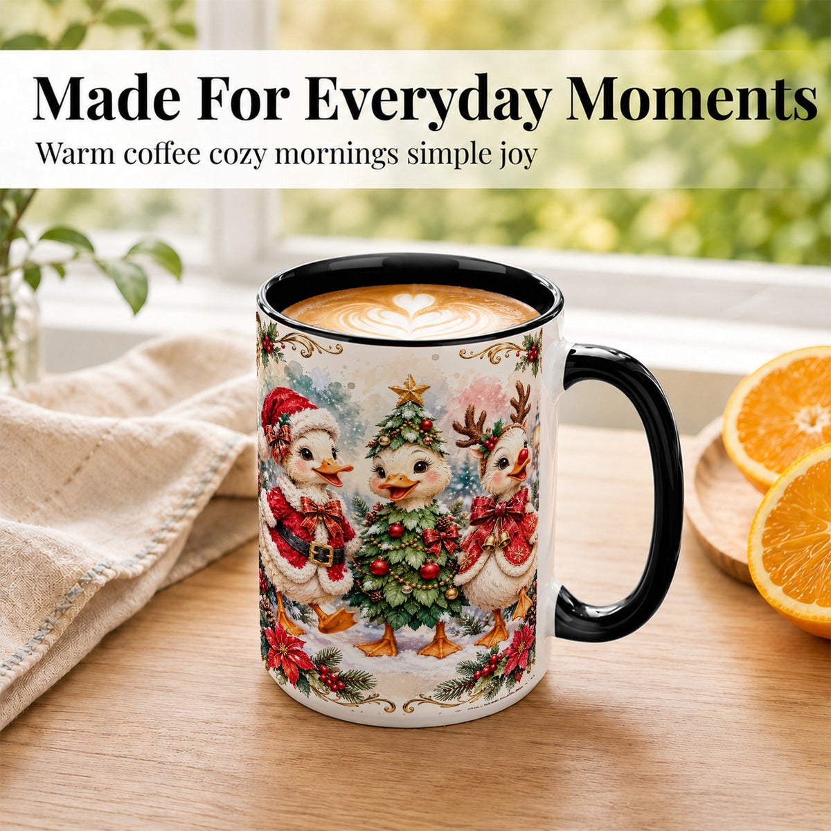 #pl[15oz|Black] Christmas Goose Trio Coffee Mug, Santa Reindeer Mug, Ceramic Cup