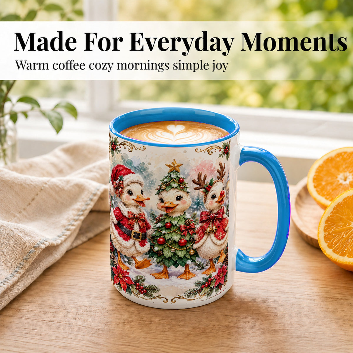 #pl[15oz|Blue] Christmas Goose Trio Coffee Mug, Santa Reindeer Mug, Ceramic Cup