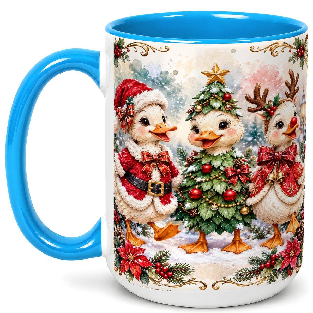 #pl[15oz|Blue] Christmas Goose Trio Coffee Mug, Santa Reindeer Mug, Ceramic Cup