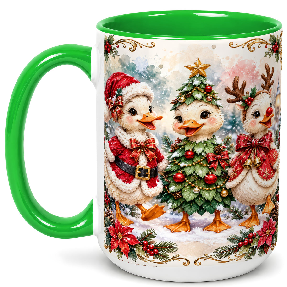 #pl[15oz|Green] Christmas Goose Trio Coffee Mug, Santa Reindeer Mug, Ceramic Cup