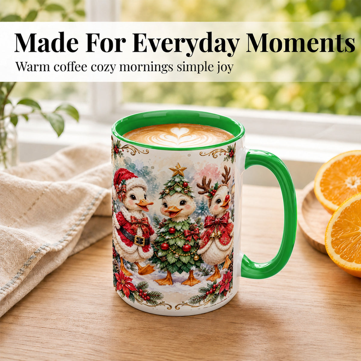 #pl[15oz|Green] Christmas Goose Trio Coffee Mug, Santa Reindeer Mug, Ceramic Cup