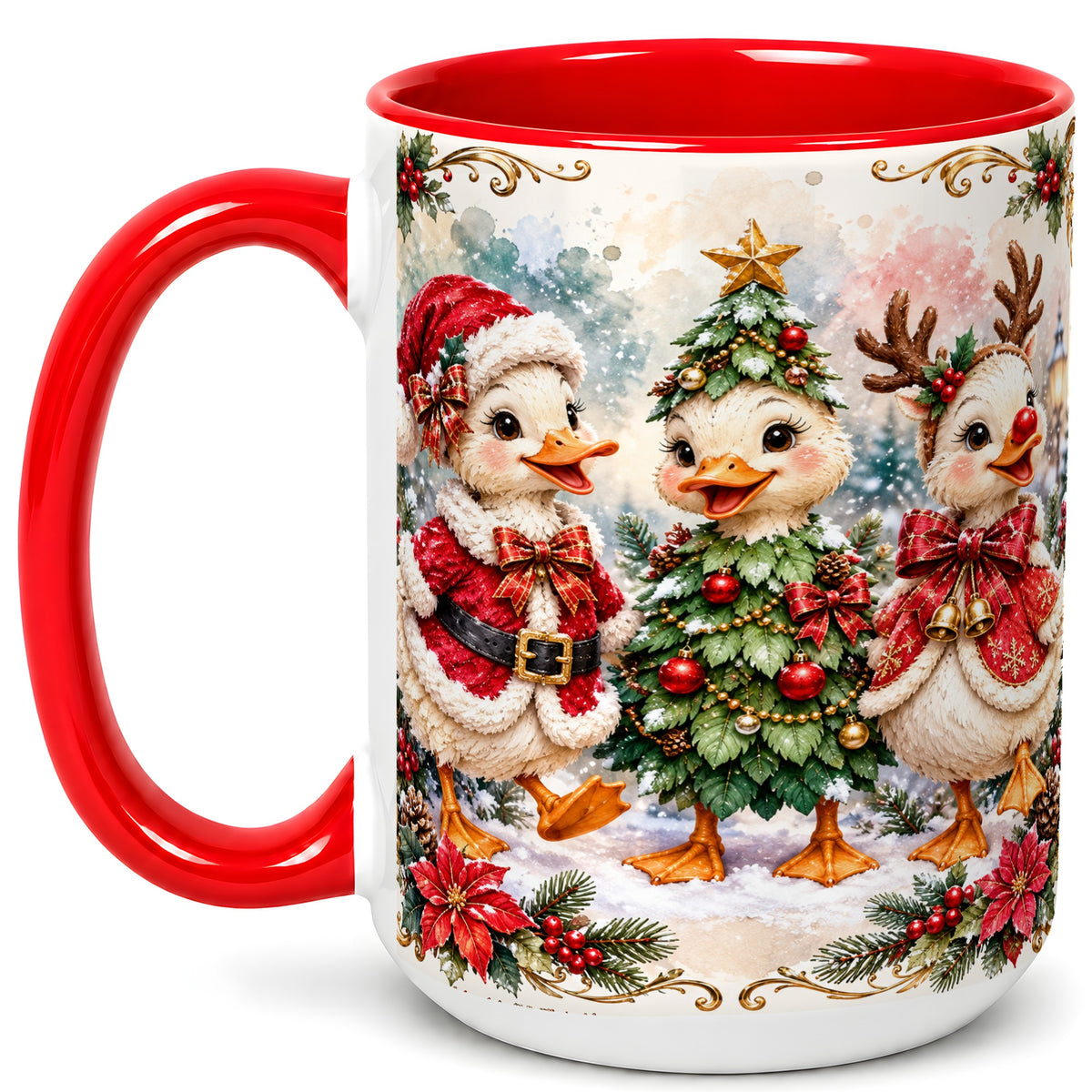 #pl[15oz|Red] Christmas Goose Trio Coffee Mug, Santa Reindeer Mug, Ceramic Cup