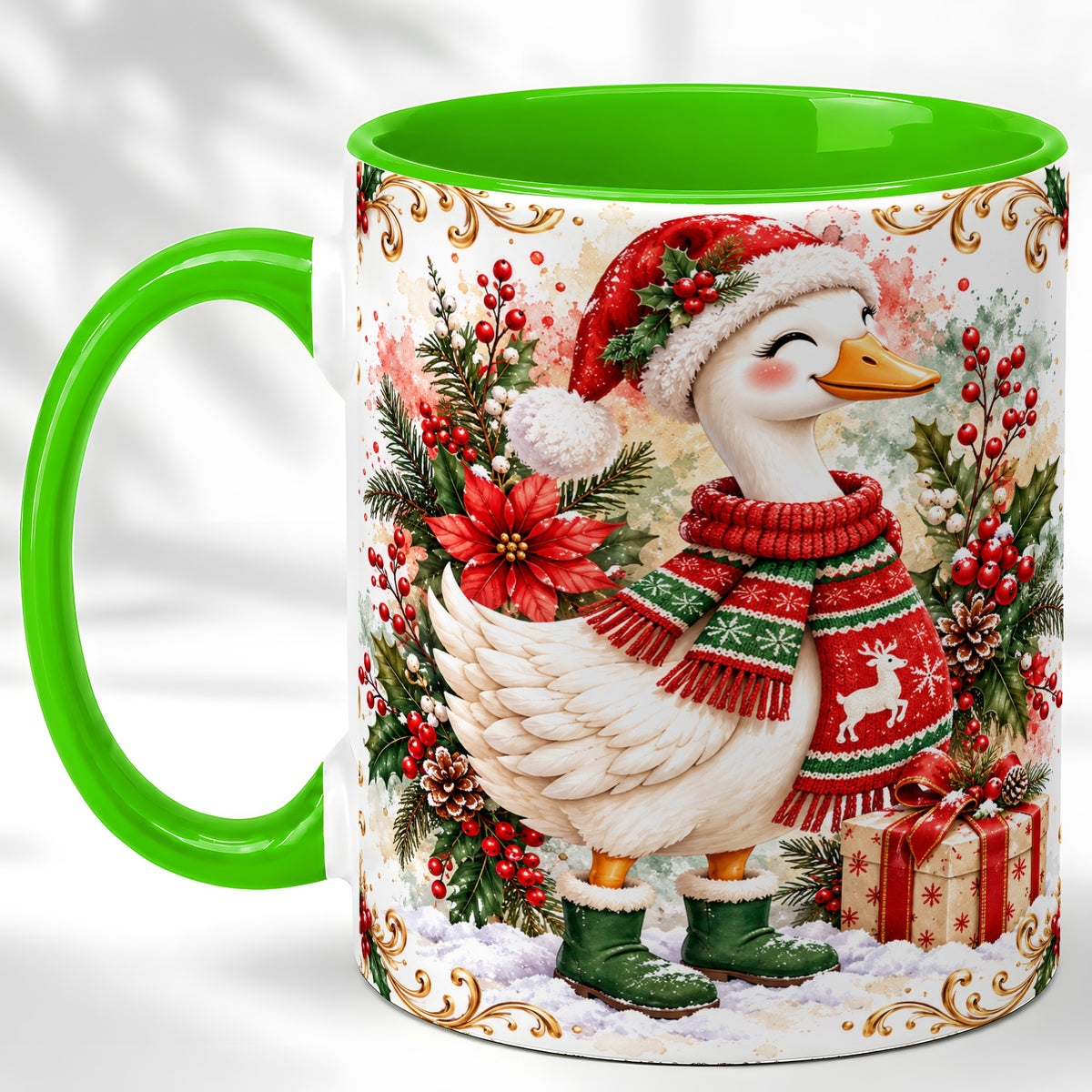 #pl[11oz|Green] Christmas Goose Coffee Mug, Cozy Winter Goose Mug, Ceramic Cup