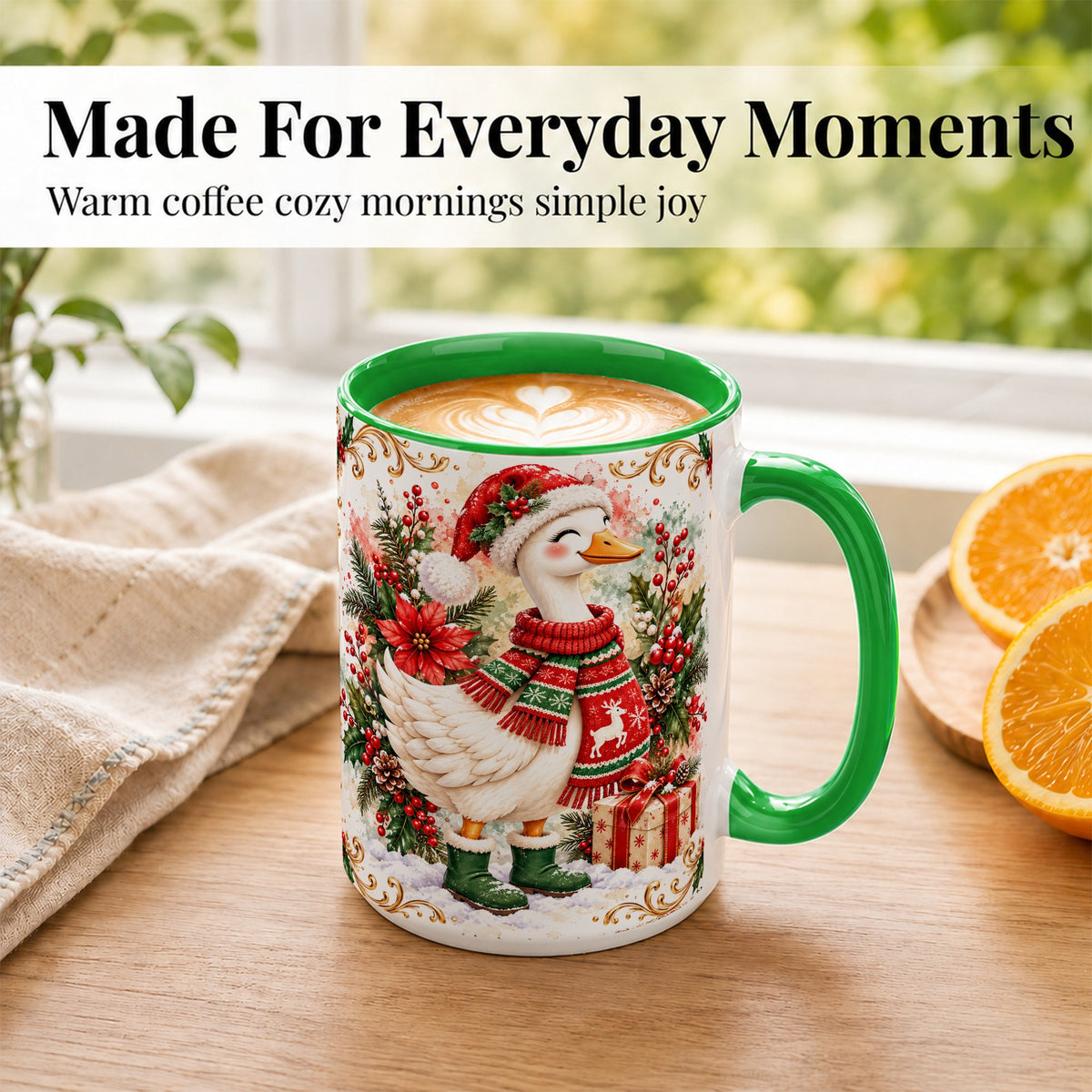 #pl[15oz|Green] Christmas Goose Coffee Mug, Cozy Winter Goose Mug, Ceramic Cup