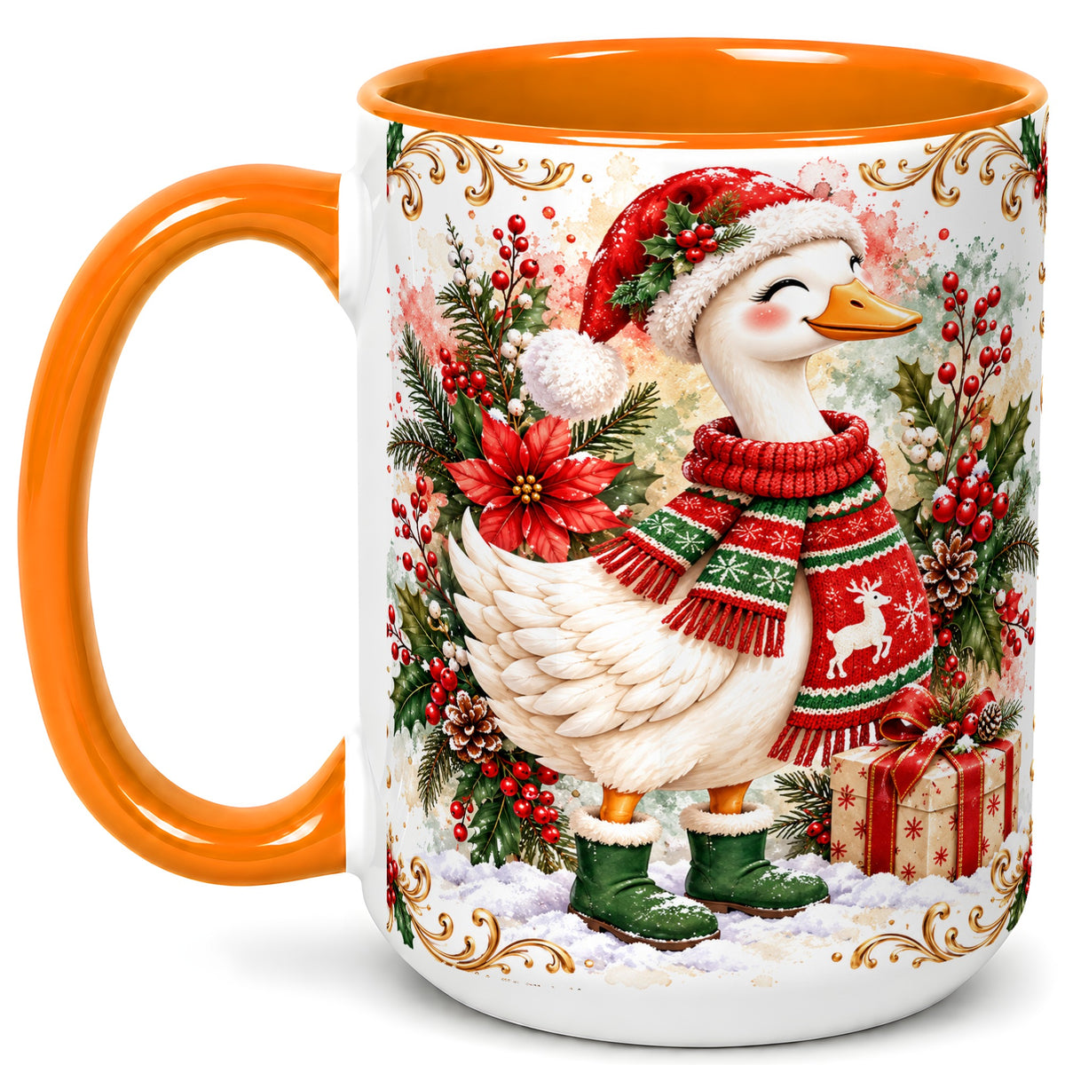 #pl[15oz|Orange] Christmas Goose Coffee Mug, Cozy Winter Goose Mug, Ceramic Cup