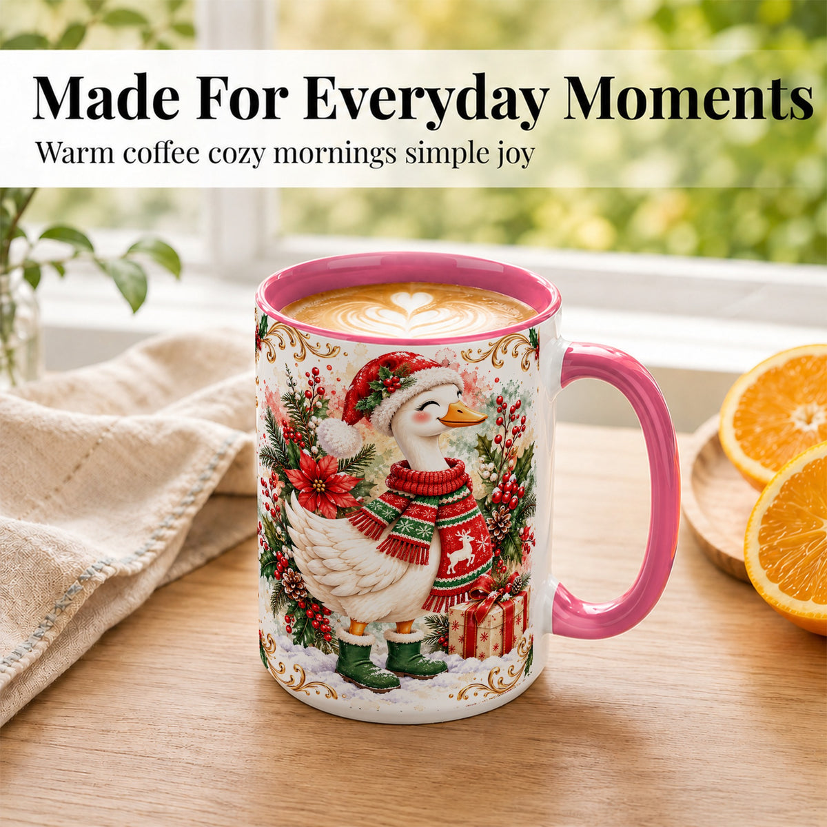 #pl[15oz|Pink] Christmas Goose Coffee Mug, Cozy Winter Goose Mug, Ceramic Cup