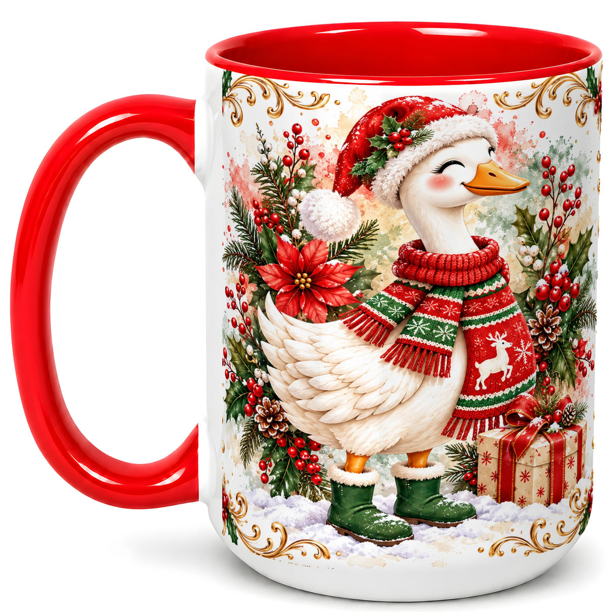 #pl[15oz|Red] Christmas Goose Coffee Mug, Cozy Winter Goose Mug, Ceramic Cup