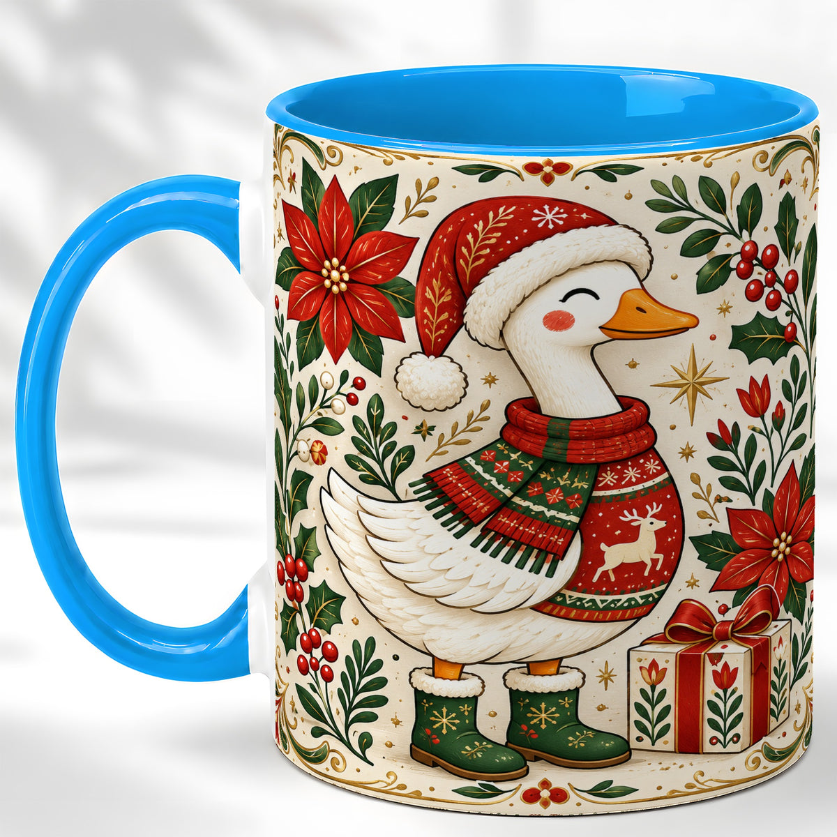 #pl[11oz|Blue] Christmas Goose Coffee Mug, Santa Hat Goose Mug, Ceramic Cup
