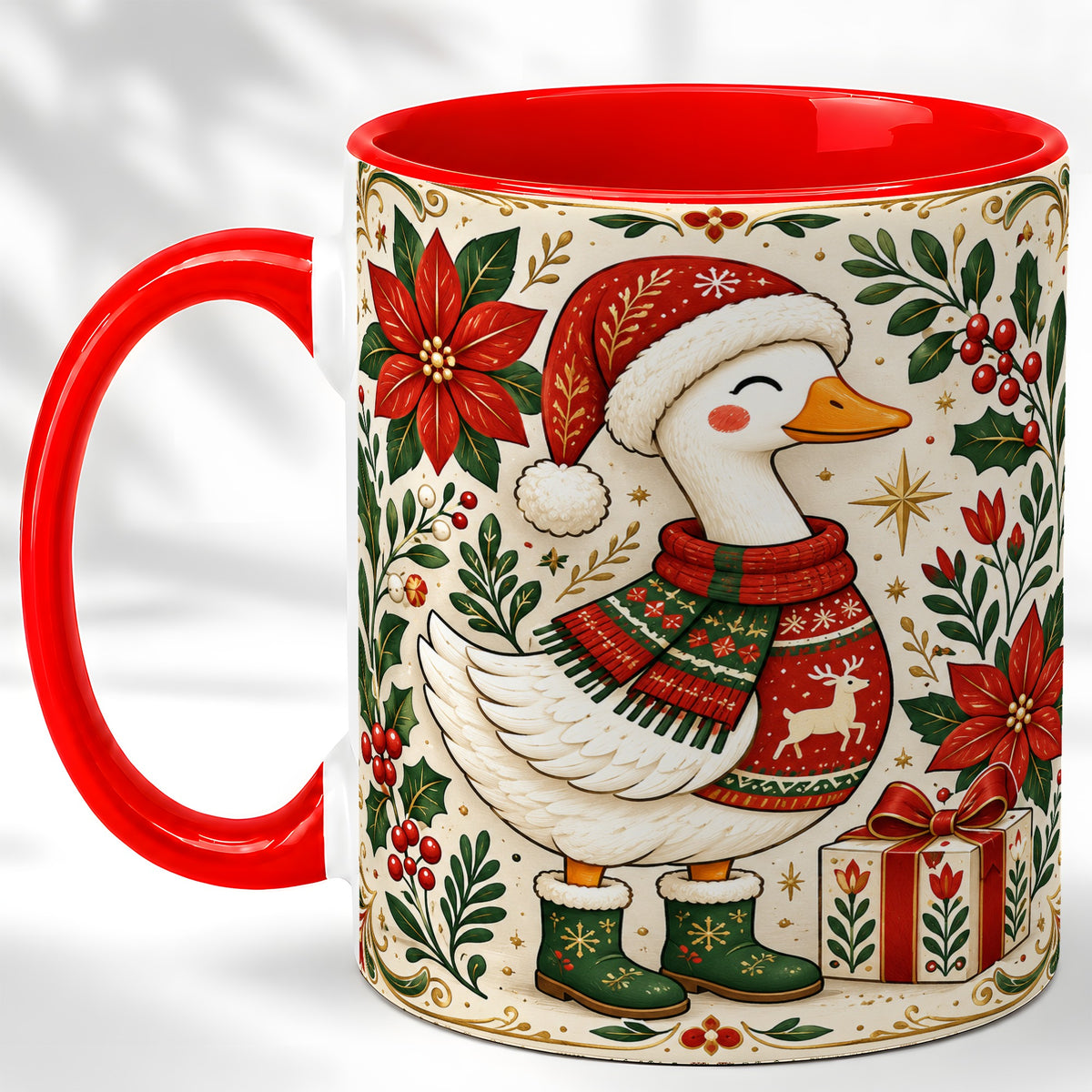 Christmas Goose Coffee Mug, Santa Hat Goose Mug, Ceramic Cup
