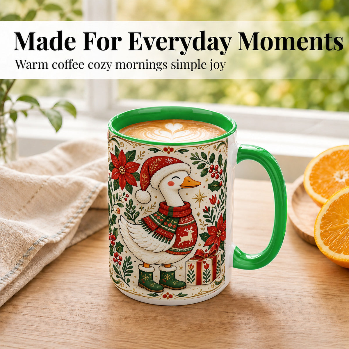 #pl[15oz|Green] Christmas Goose Coffee Mug, Santa Hat Goose Mug, Ceramic Cup