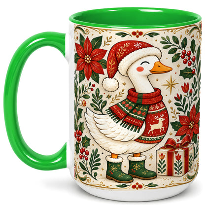 #pl[15oz|Green] Christmas Goose Coffee Mug, Santa Hat Goose Mug, Ceramic Cup