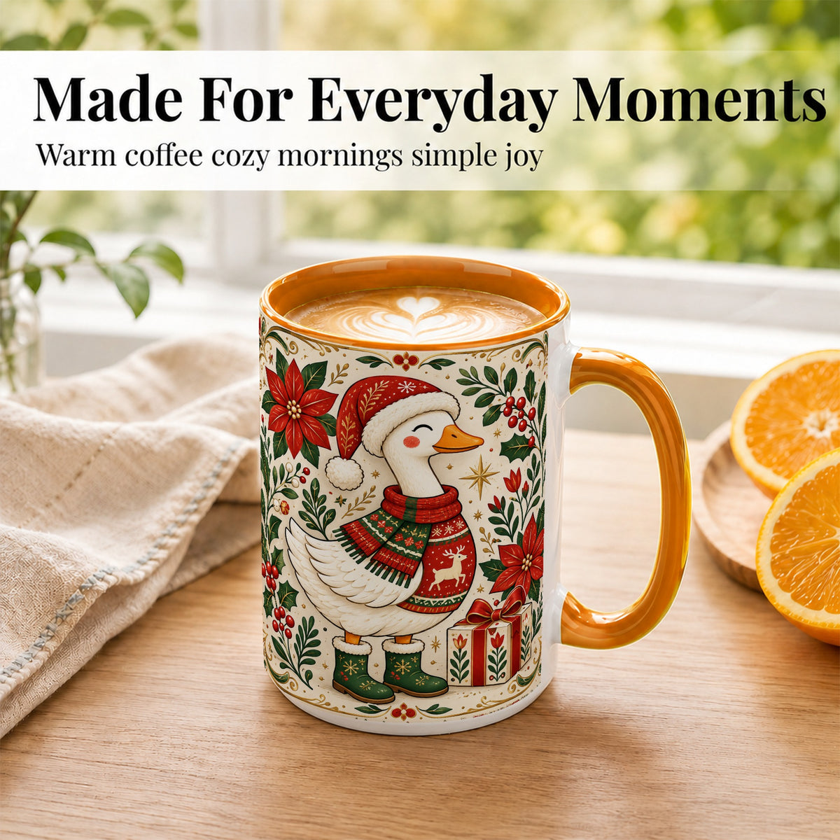 #pl[15oz|Orange] Christmas Goose Coffee Mug, Santa Hat Goose Mug, Ceramic Cup