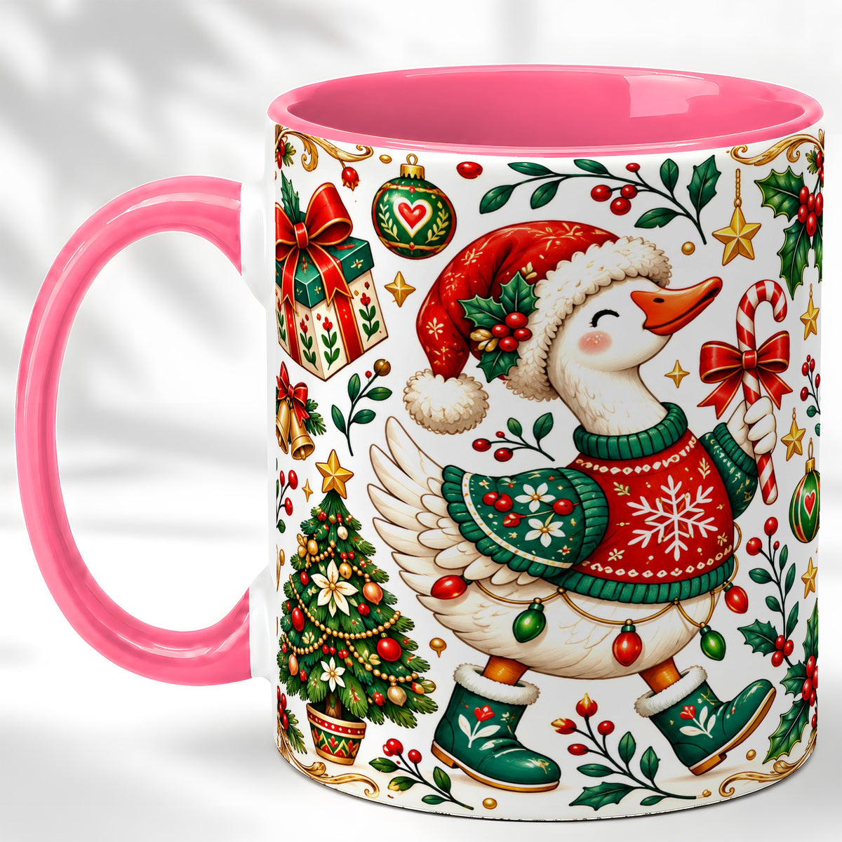 #pl[11oz|Pink] Christmas Goose Coffee Mug, Candy Cane Goose Mug, Ceramic Cup