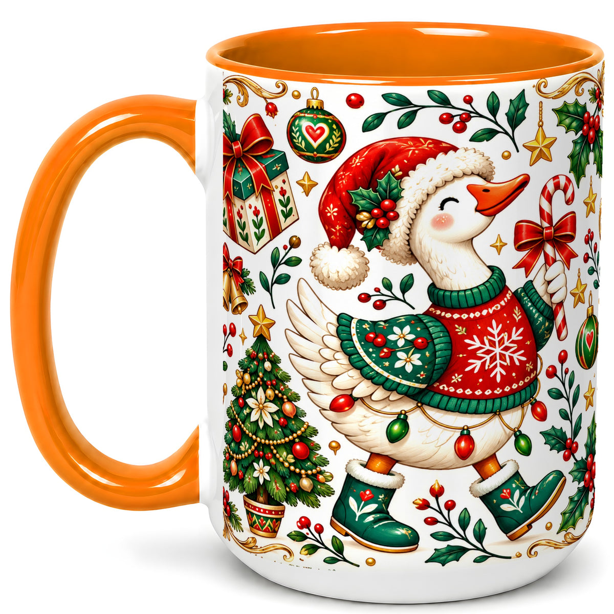 #pl[15oz|Orange] Christmas Goose Coffee Mug, Candy Cane Goose Mug, Ceramic Cup