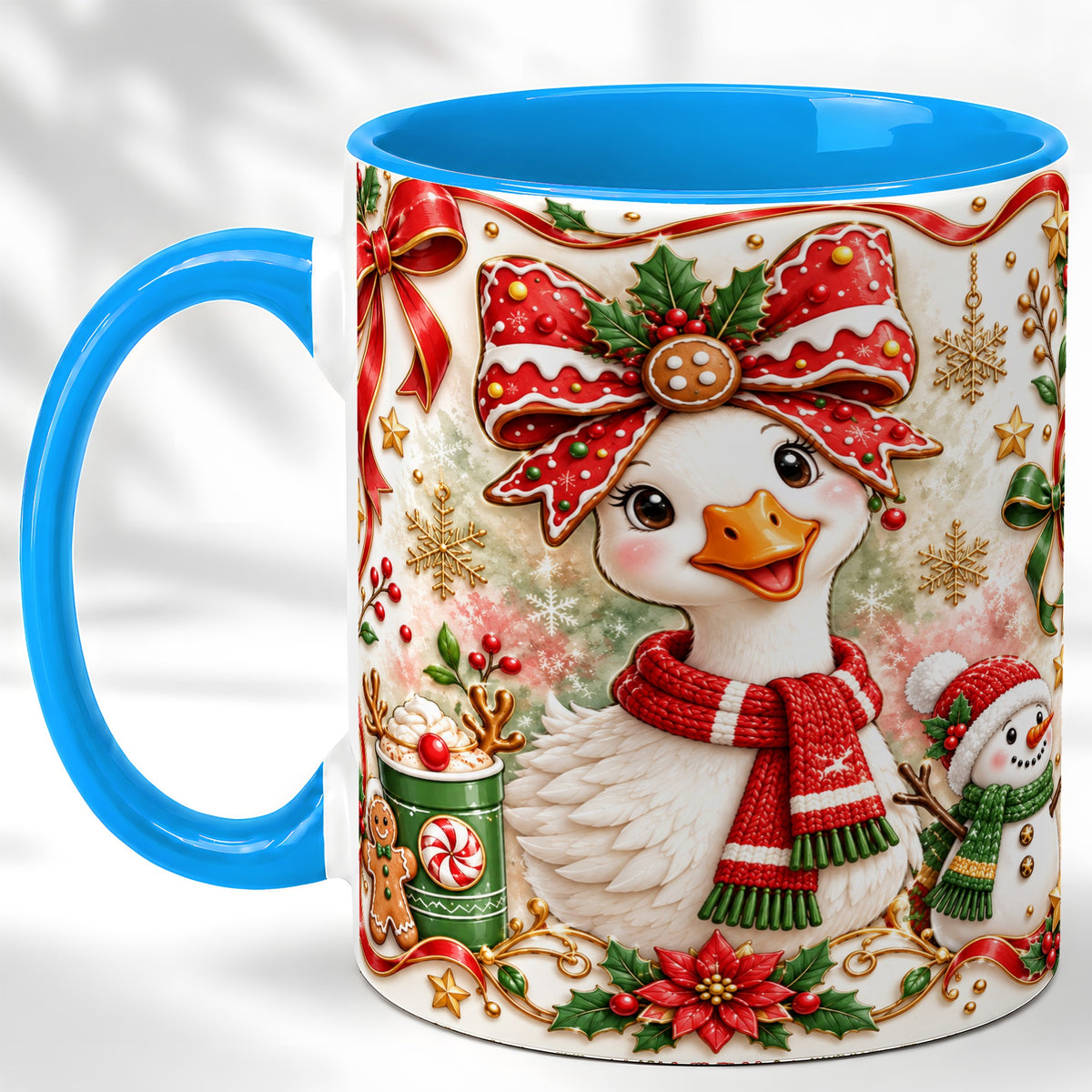 #pl[11oz|Blue] Cute Christmas Goose Coffee Mug, Gingerbread Bow Mug, Ceramic Cup