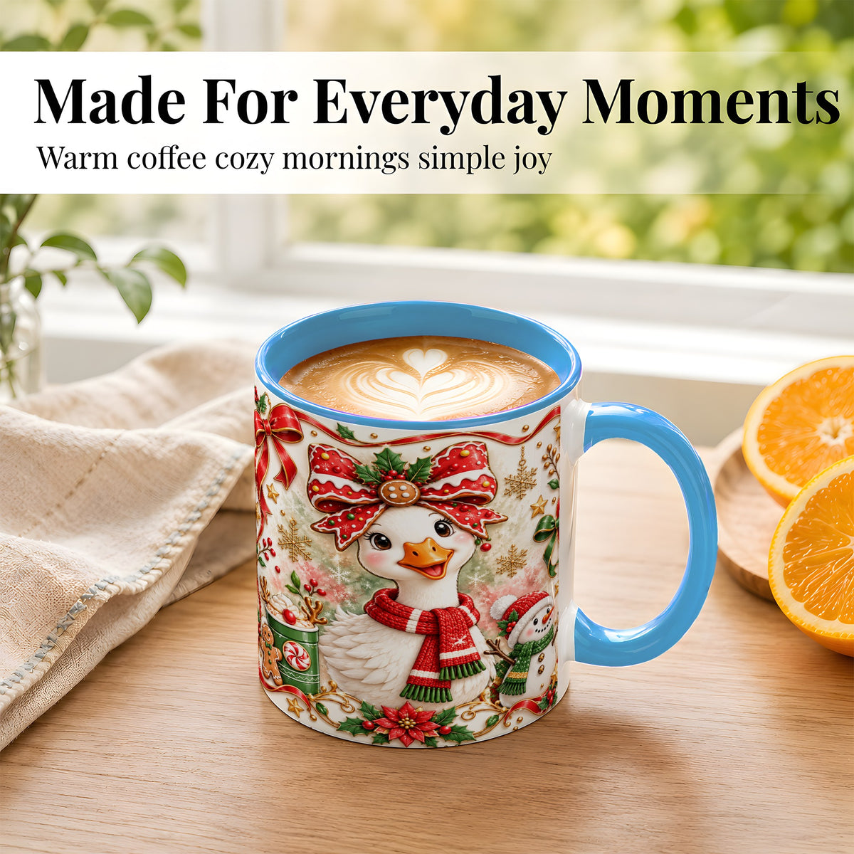 #pl[11oz|Blue] Cute Christmas Goose Coffee Mug, Gingerbread Bow Mug, Ceramic Cup