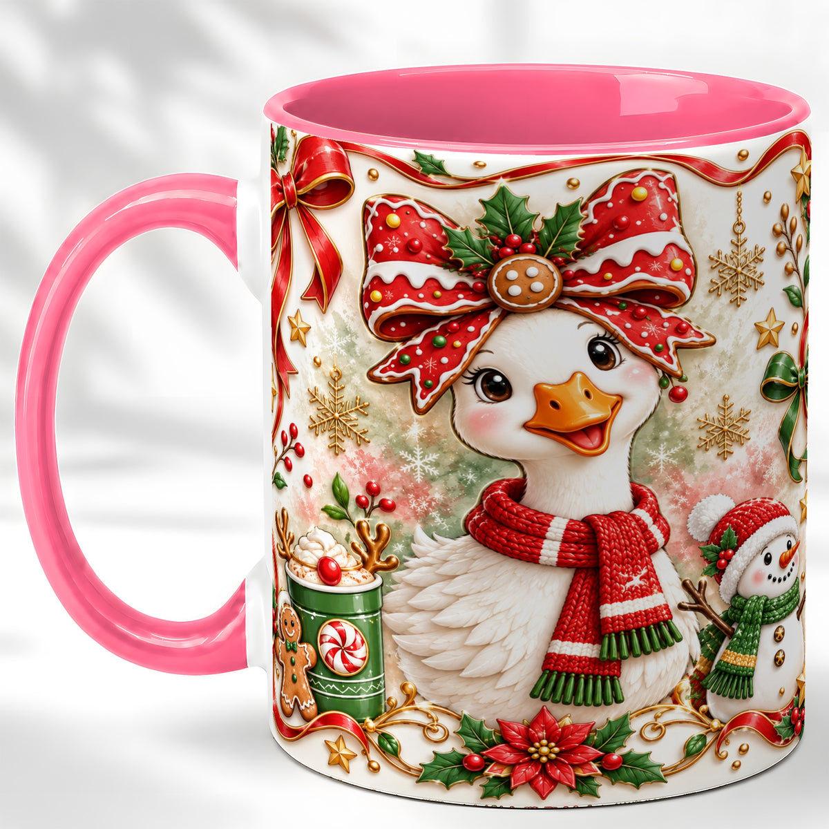 #pl[11oz|Pink] Cute Christmas Goose Coffee Mug, Gingerbread Bow Mug, Ceramic Cup