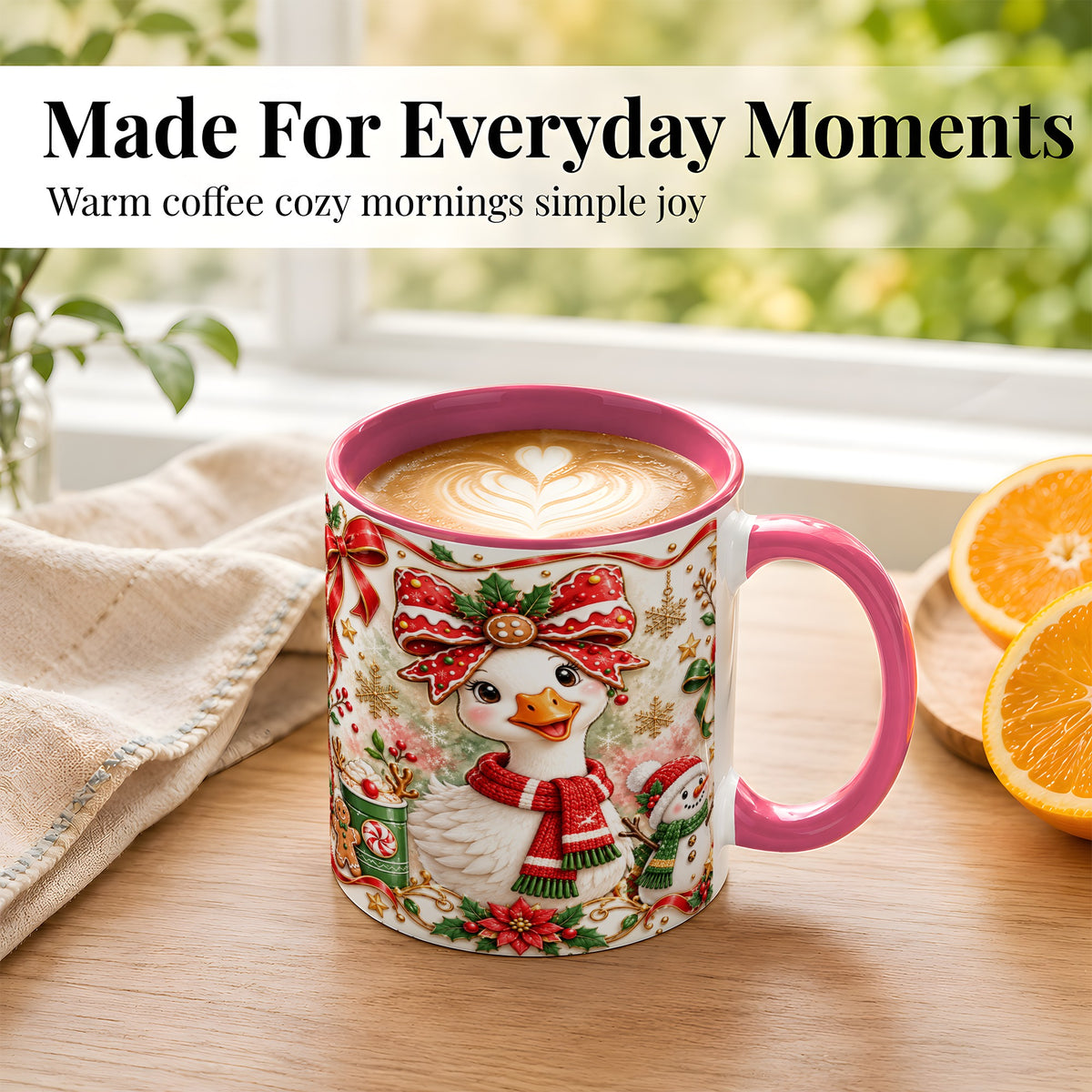 #pl[11oz|Pink] Cute Christmas Goose Coffee Mug, Gingerbread Bow Mug, Ceramic Cup