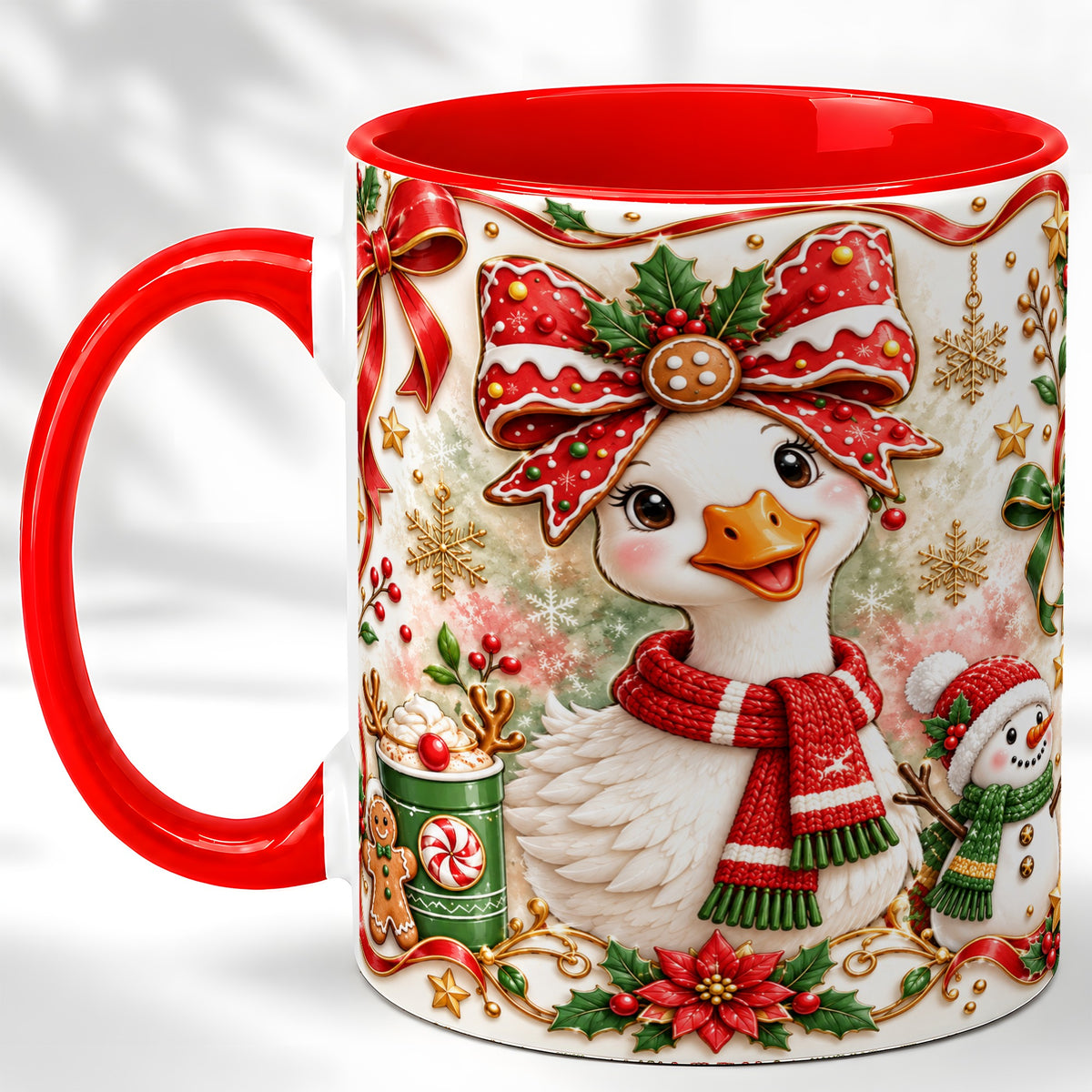 Cute Christmas Goose Coffee Mug, Gingerbread Bow Mug, Ceramic Cup