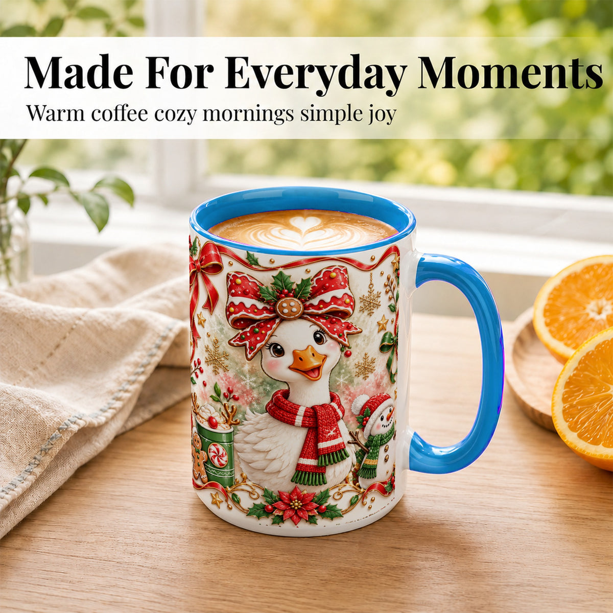 #pl[15oz|Blue] Cute Christmas Goose Coffee Mug, Gingerbread Bow Mug, Ceramic Cup