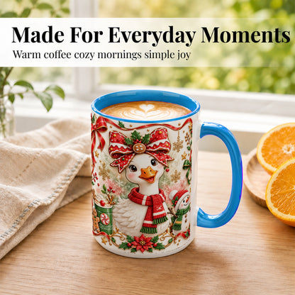 #pl[15oz|Blue] Cute Christmas Goose Coffee Mug, Gingerbread Bow Mug, Ceramic Cup