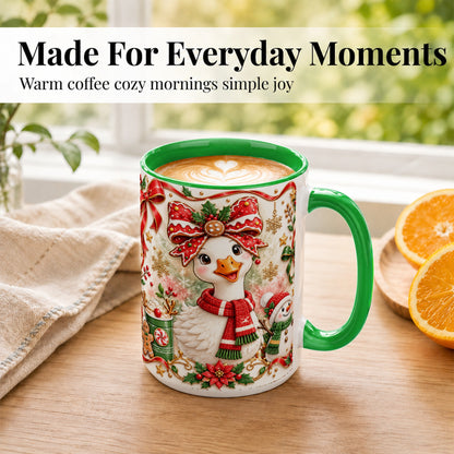 #pl[15oz|Green] Cute Christmas Goose Coffee Mug, Gingerbread Bow Mug, Ceramic Cup